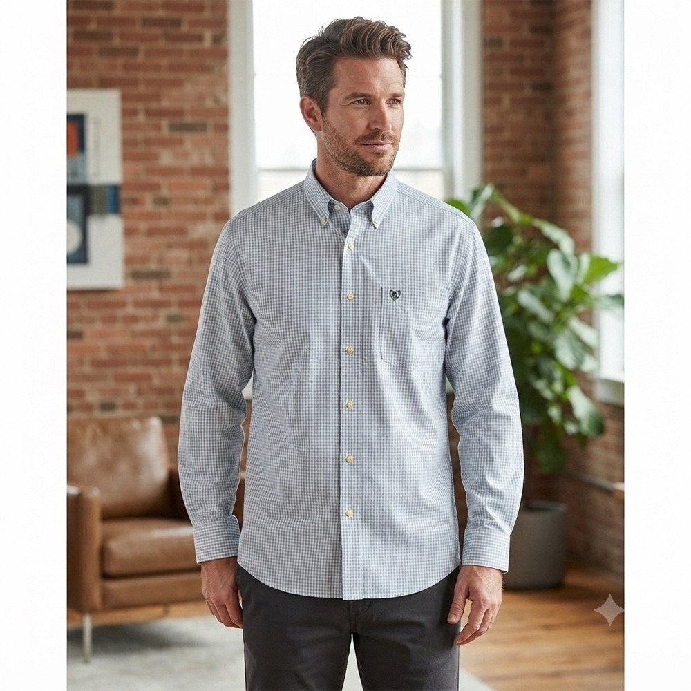 Ariat Pro Series Mens Size XL Long Sleeve Shirt Blue Plaid Western Workwear